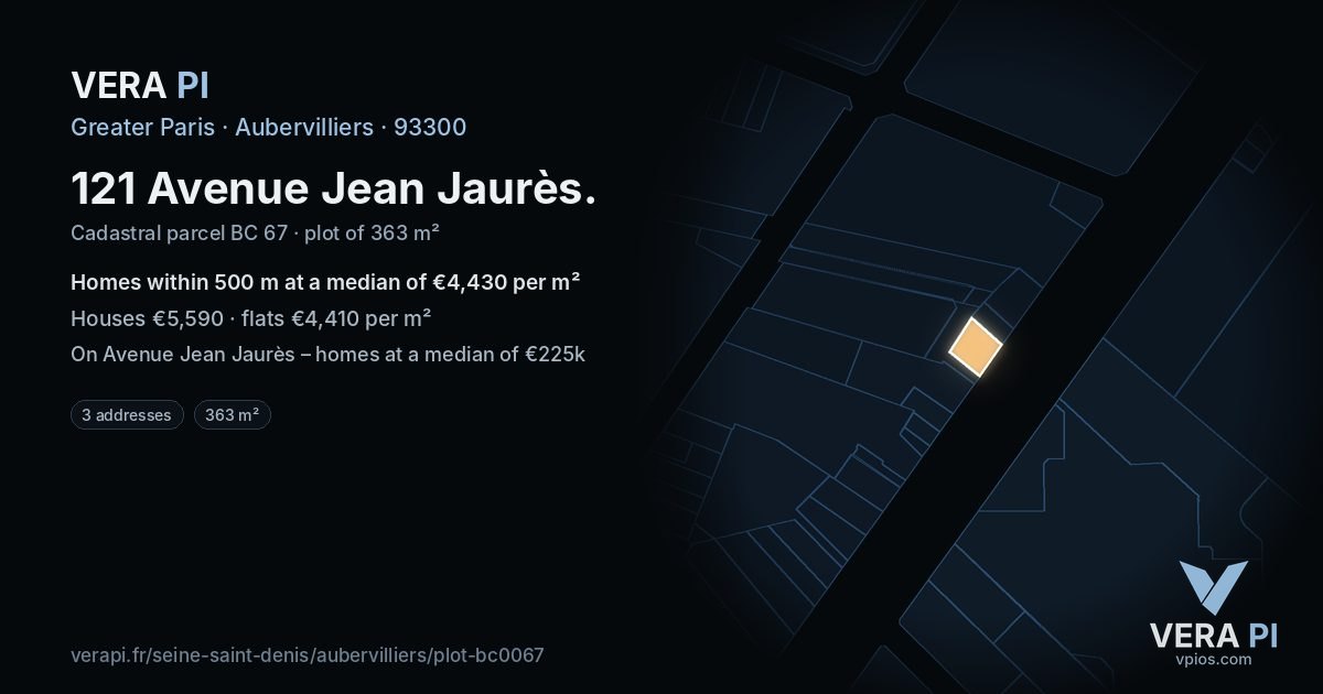 121 Avenue Jean Jaurès, Aubervilliers at night – the plot lit, the parcels around coloured by the prices near them