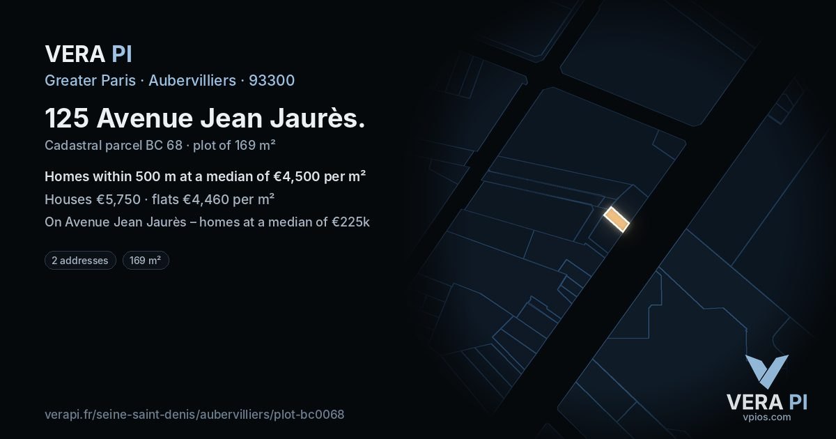 125 Avenue Jean Jaurès, Aubervilliers at night – the plot lit, the parcels around coloured by the prices near them