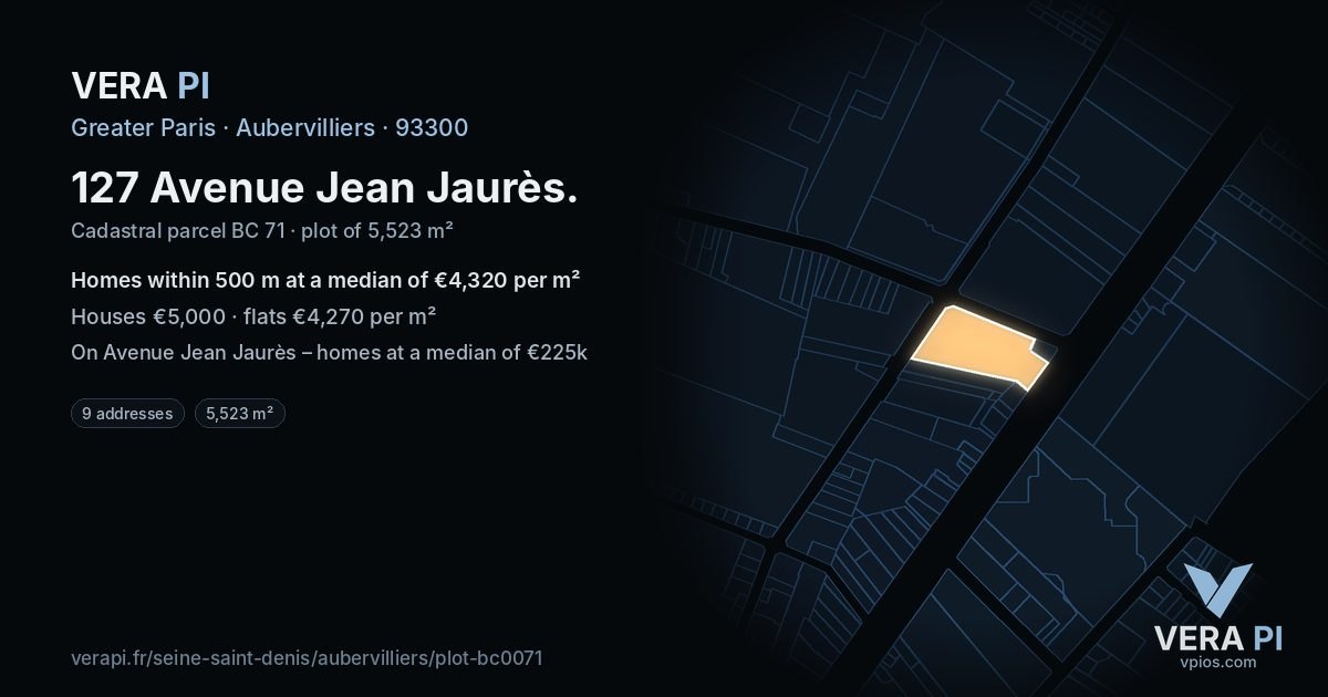 127 Avenue Jean Jaurès, Aubervilliers at night – the plot lit, the parcels around coloured by the prices near them