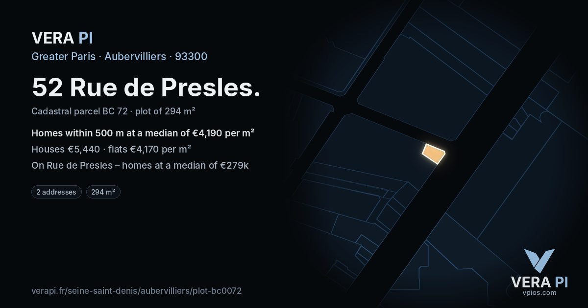 52 Rue de Presles, Aubervilliers at night – the plot lit, the parcels around coloured by the prices near them
