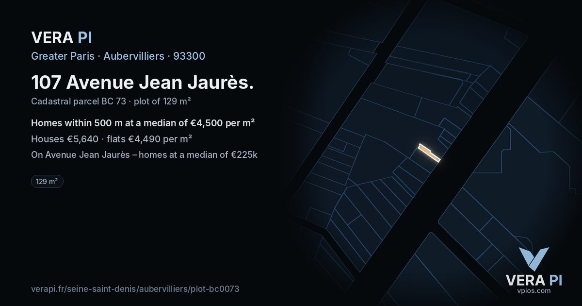 107 Avenue Jean Jaurès, Aubervilliers at night – the plot lit, the parcels around coloured by the prices near them