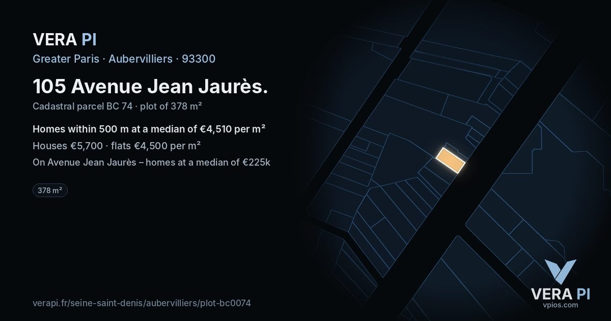 105 Avenue Jean Jaurès, Aubervilliers at night – the plot lit, the parcels around coloured by the prices near them