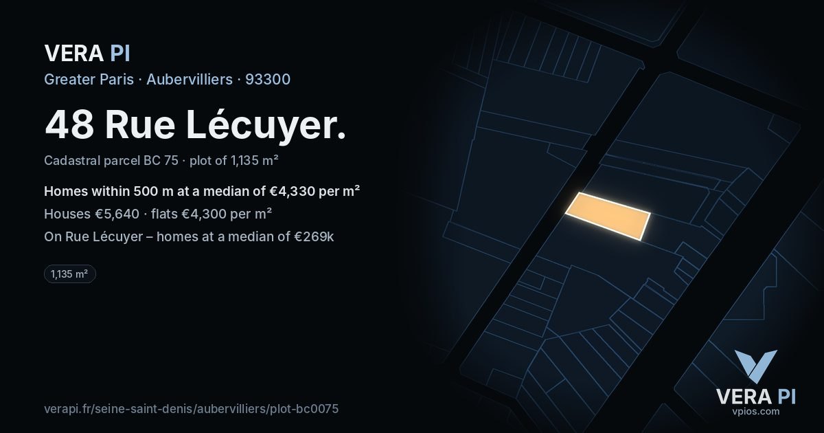 48 Rue Lécuyer, Aubervilliers at night – the plot lit, the parcels around coloured by the prices near them