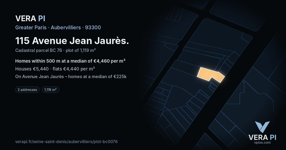 115 Avenue Jean Jaurès, Aubervilliers at night – the plot lit, the parcels around coloured by the prices near them
