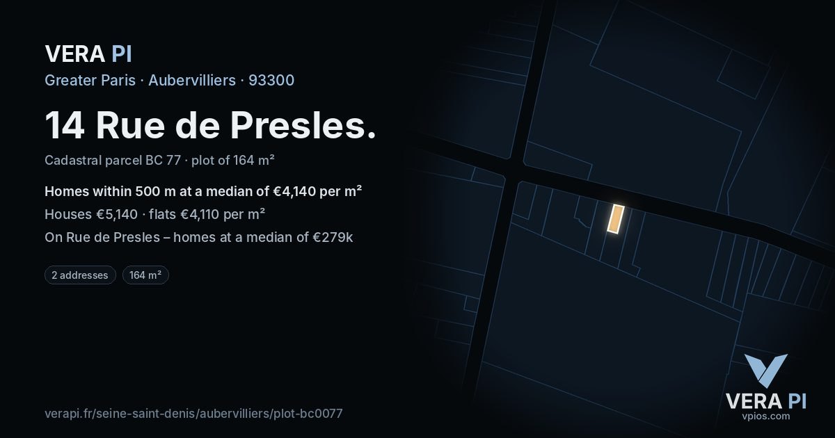 14 Rue de Presles, Aubervilliers at night – the plot lit, the parcels around coloured by the prices near them