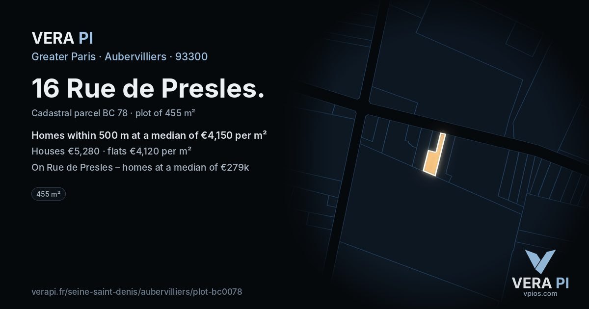 16 Rue de Presles, Aubervilliers at night – the plot lit, the parcels around coloured by the prices near them
