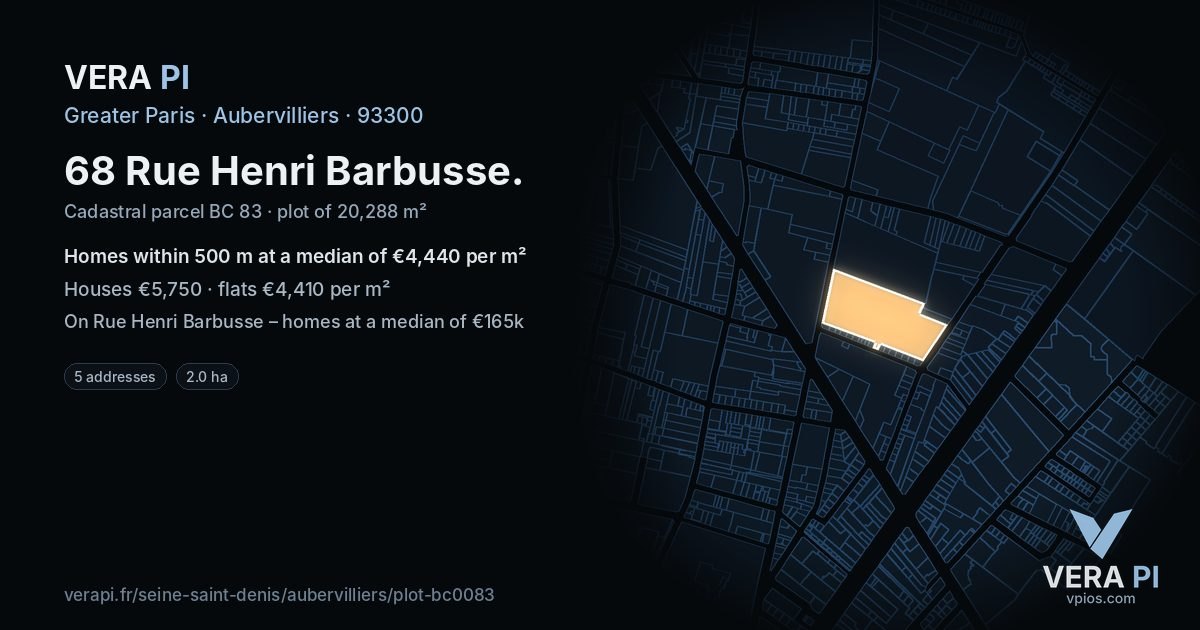 68 Rue Henri Barbusse, Aubervilliers at night – the plot lit, the parcels around coloured by the prices near them