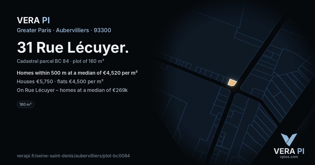31 Rue Lécuyer, Aubervilliers at night – the plot lit, the parcels around coloured by the prices near them
