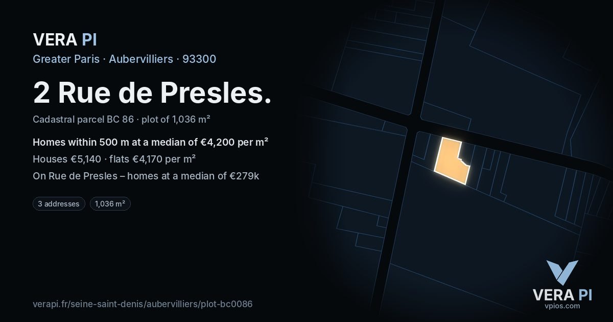 2 Rue de Presles, Aubervilliers at night – the plot lit, the parcels around coloured by the prices near them