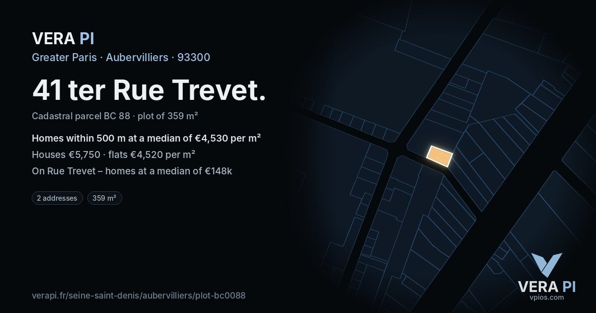 41 ter Rue Trevet, Aubervilliers at night – the plot lit, the parcels around coloured by the prices near them