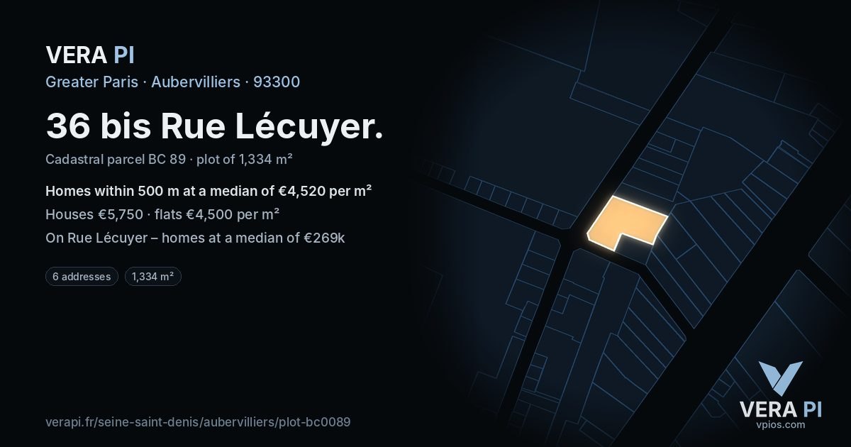 36 bis Rue Lécuyer, Aubervilliers at night – the plot lit, the parcels around coloured by the prices near them