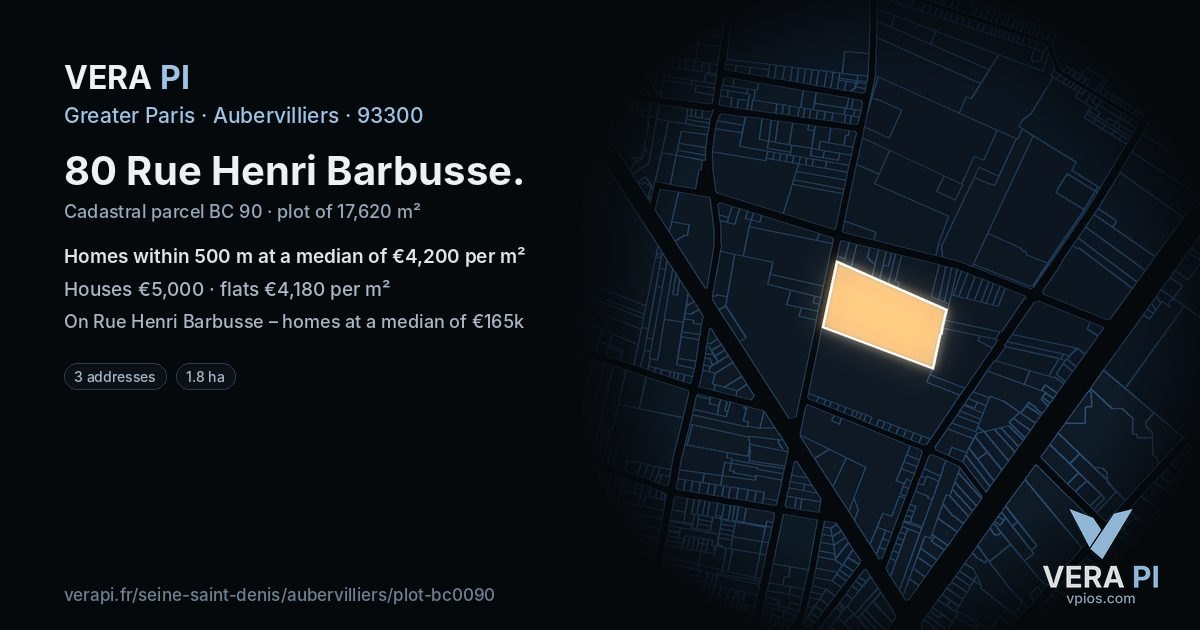 80 Rue Henri Barbusse, Aubervilliers at night – the plot lit, the parcels around coloured by the prices near them