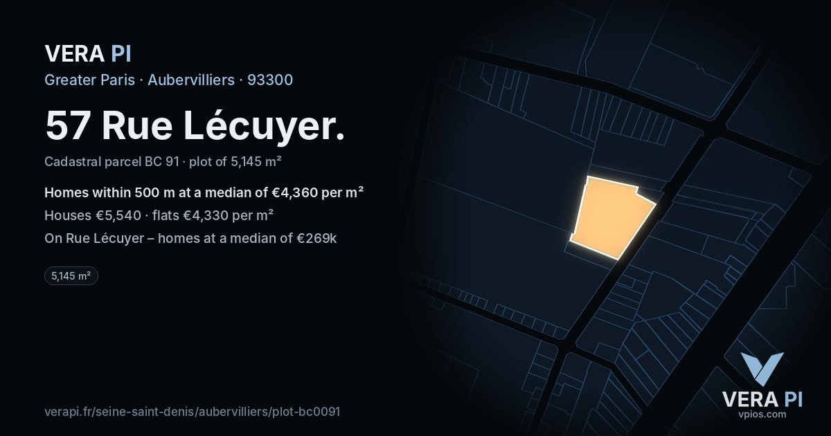 57 Rue Lécuyer, Aubervilliers at night – the plot lit, the parcels around coloured by the prices near them