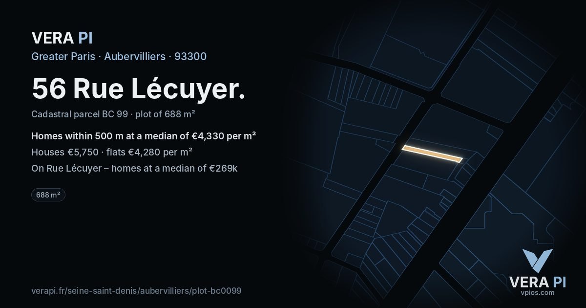 56 Rue Lécuyer, Aubervilliers at night – the plot lit, the parcels around coloured by the prices near them