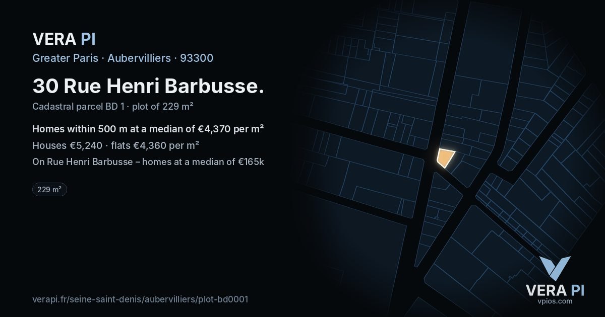 30 Rue Henri Barbusse, Aubervilliers at night – the plot lit, the parcels around coloured by the prices near them