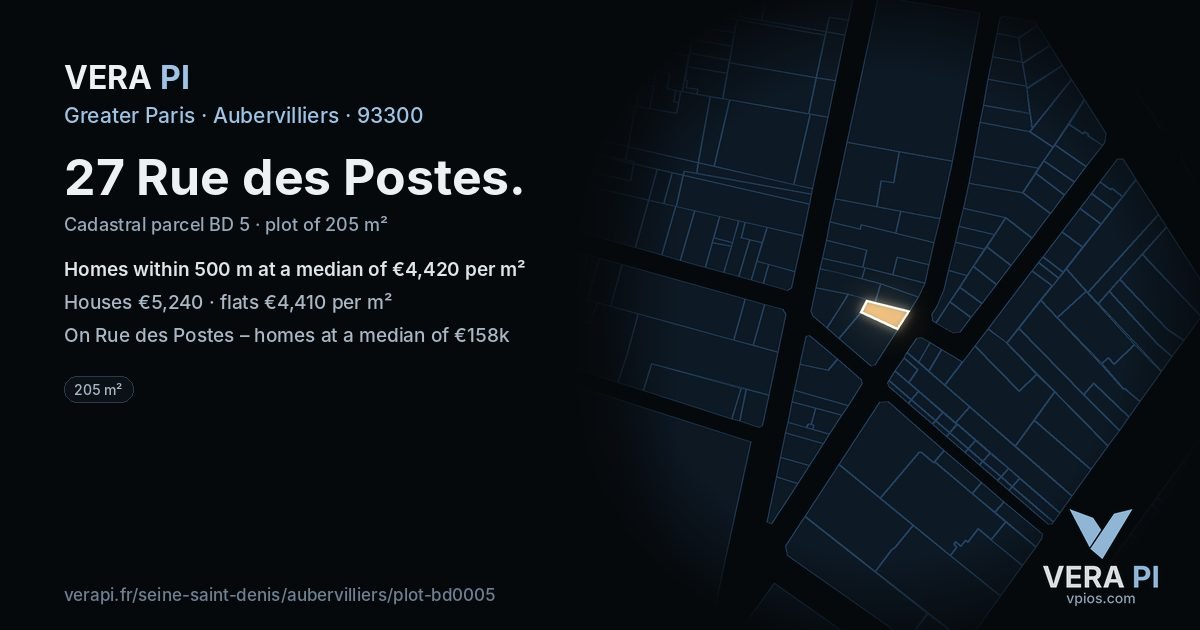 27 Rue des Postes, Aubervilliers at night – the plot lit, the parcels around coloured by the prices near them