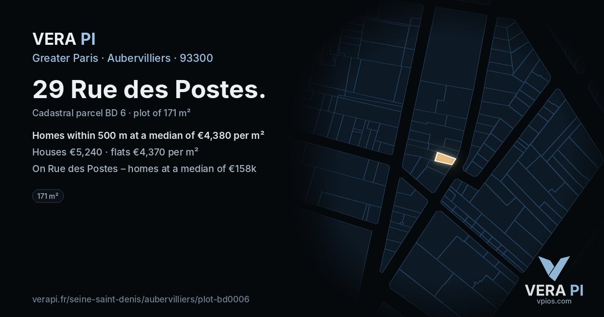 29 Rue des Postes, Aubervilliers at night – the plot lit, the parcels around coloured by the prices near them