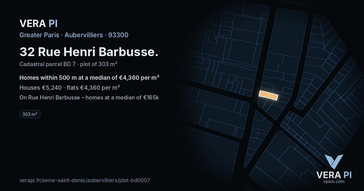 32 Rue Henri Barbusse, Aubervilliers at night – the plot lit, the parcels around coloured by the prices near them