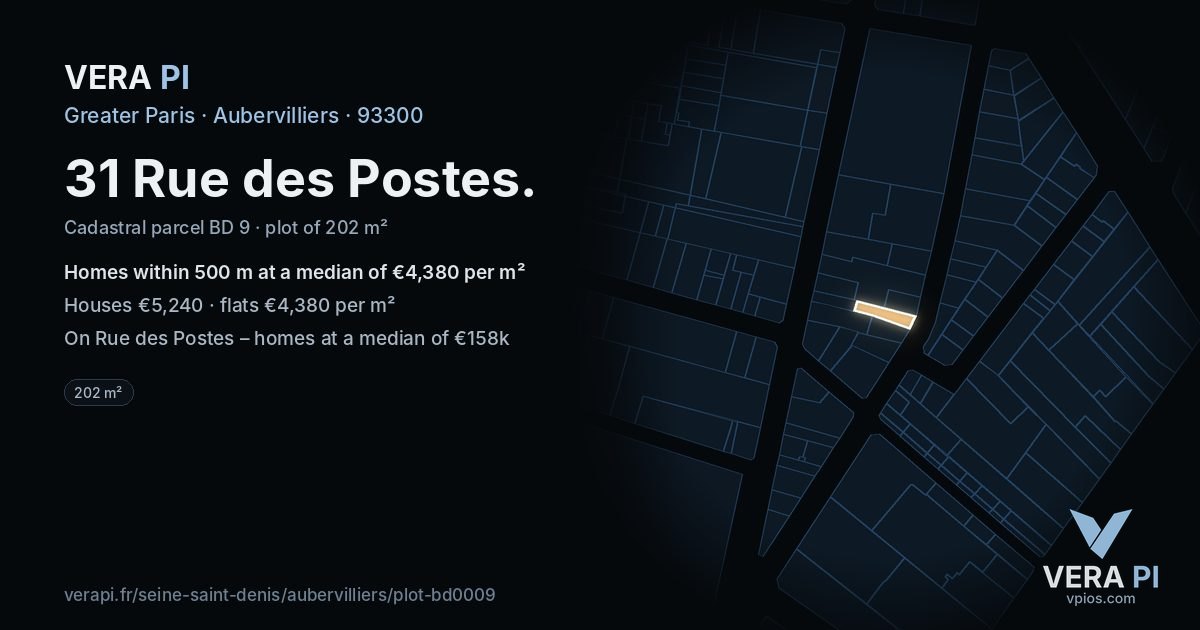 31 Rue des Postes, Aubervilliers at night – the plot lit, the parcels around coloured by the prices near them