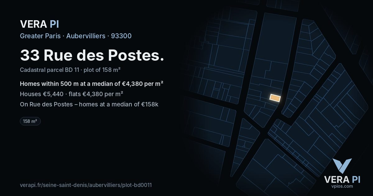 33 Rue des Postes, Aubervilliers at night – the plot lit, the parcels around coloured by the prices near them