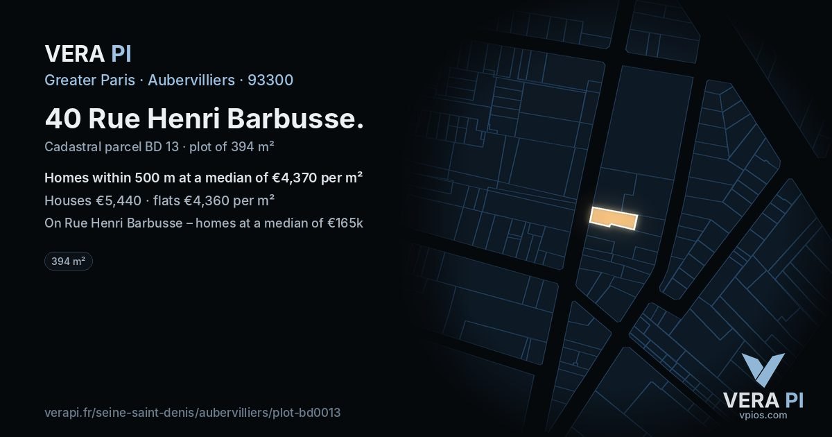 40 Rue Henri Barbusse, Aubervilliers at night – the plot lit, the parcels around coloured by the prices near them