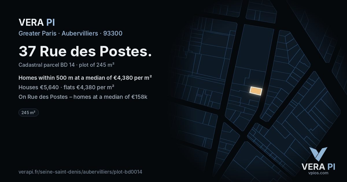 37 Rue des Postes, Aubervilliers at night – the plot lit, the parcels around coloured by the prices near them