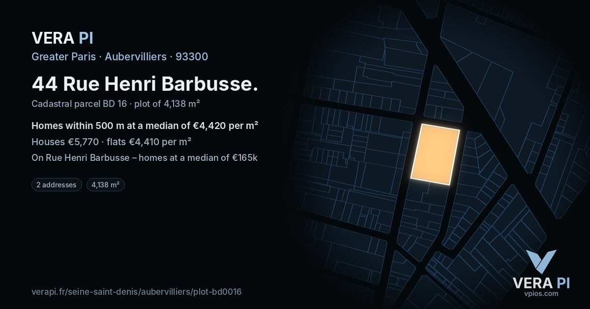 44 Rue Henri Barbusse, Aubervilliers at night – the plot lit, the parcels around coloured by the prices near them