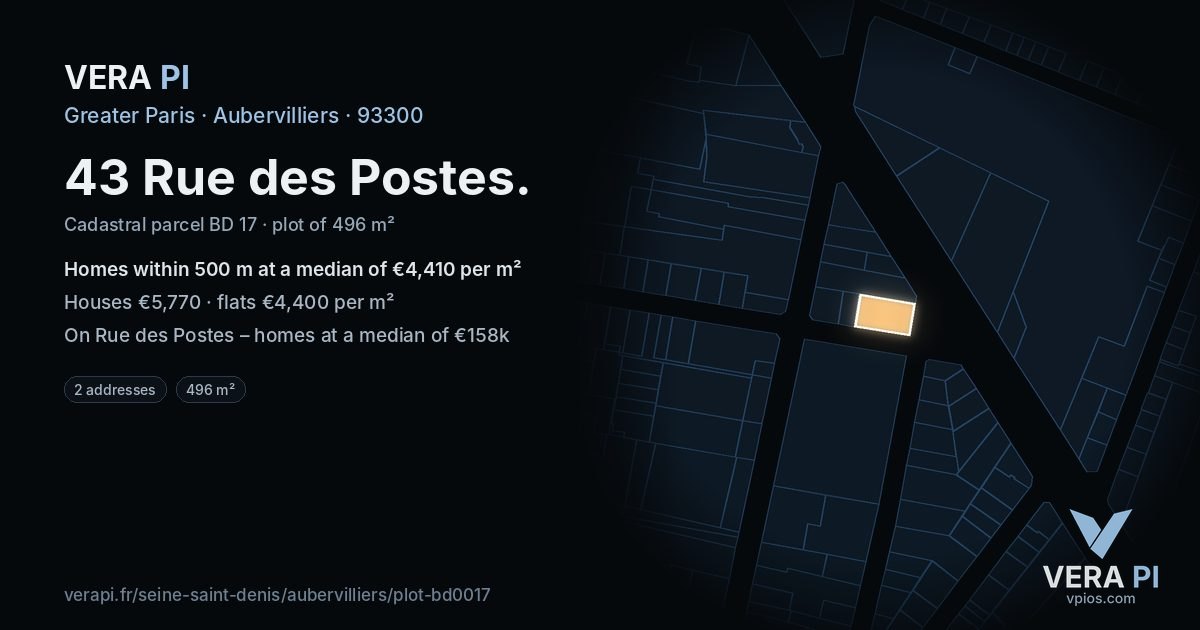 43 Rue des Postes, Aubervilliers at night – the plot lit, the parcels around coloured by the prices near them