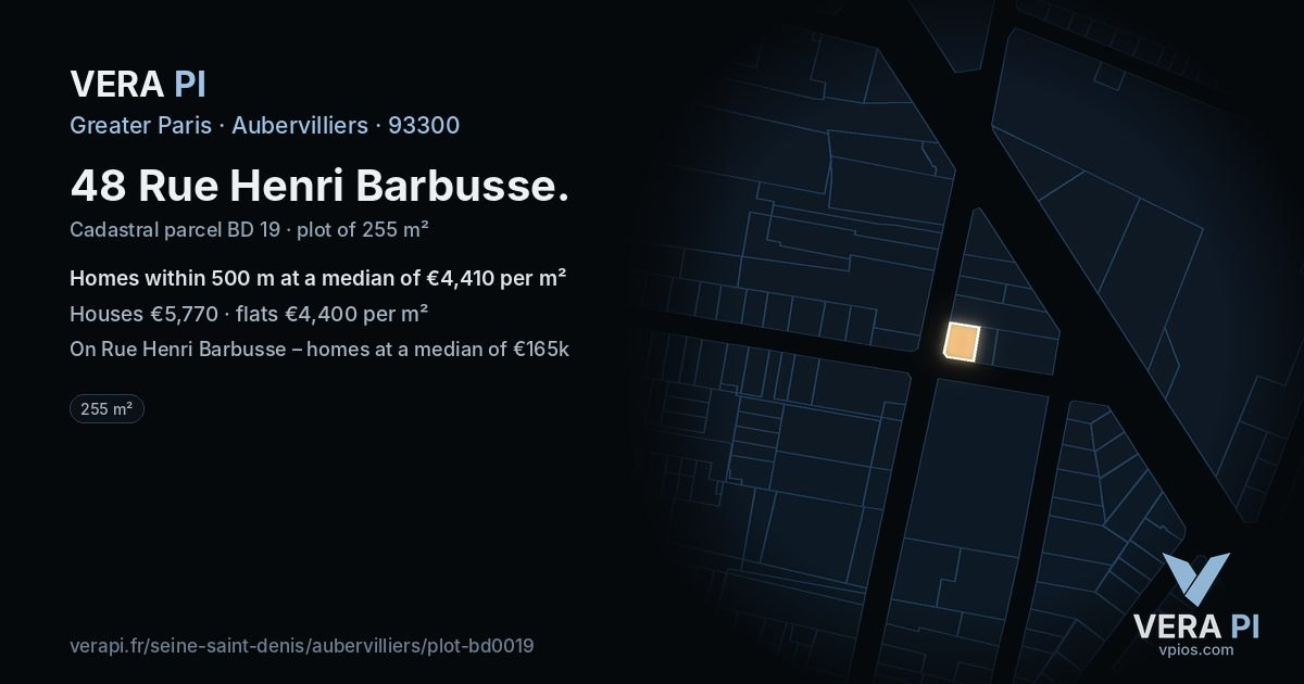 48 Rue Henri Barbusse, Aubervilliers at night – the plot lit, the parcels around coloured by the prices near them