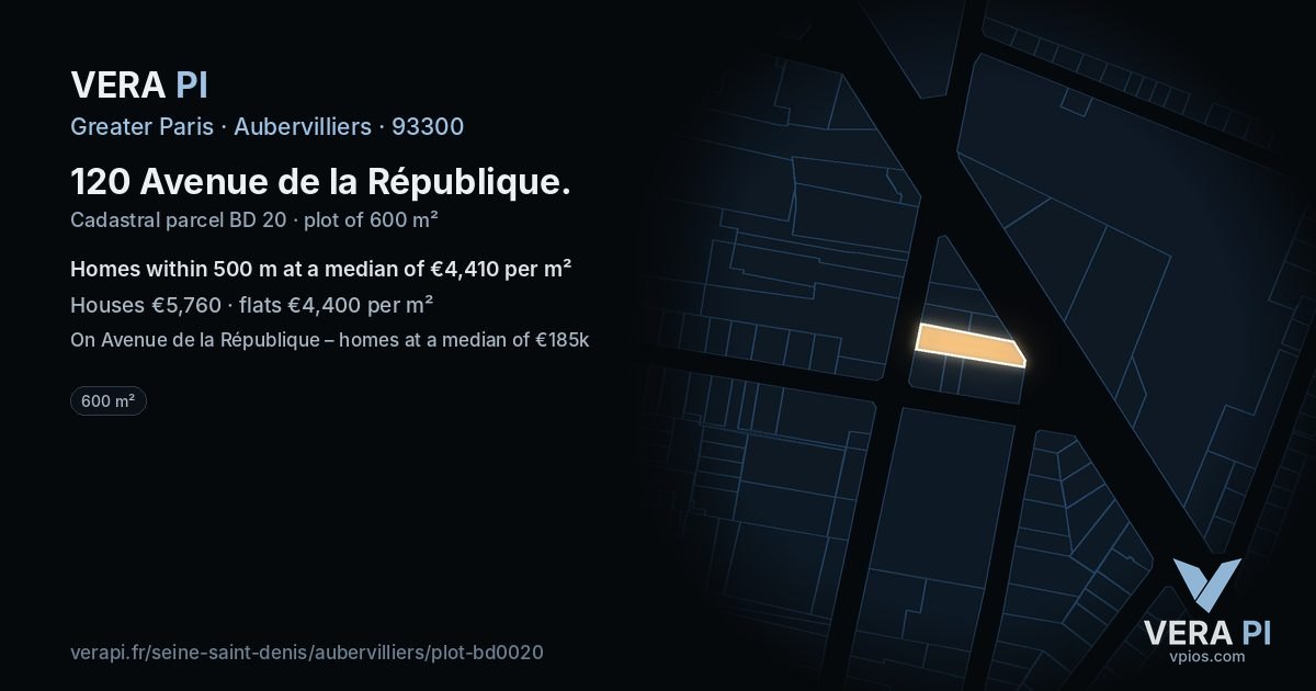 120 Avenue de la République, Aubervilliers at night – the plot lit, the parcels around coloured by the prices near them