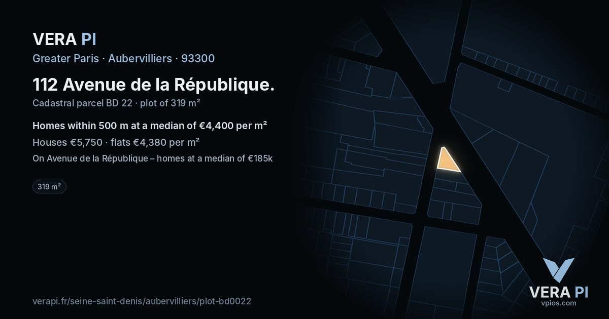 112 Avenue de la République, Aubervilliers at night – the plot lit, the parcels around coloured by the prices near them