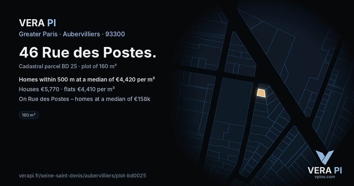 46 Rue des Postes, Aubervilliers at night – the plot lit, the parcels around coloured by the prices near them