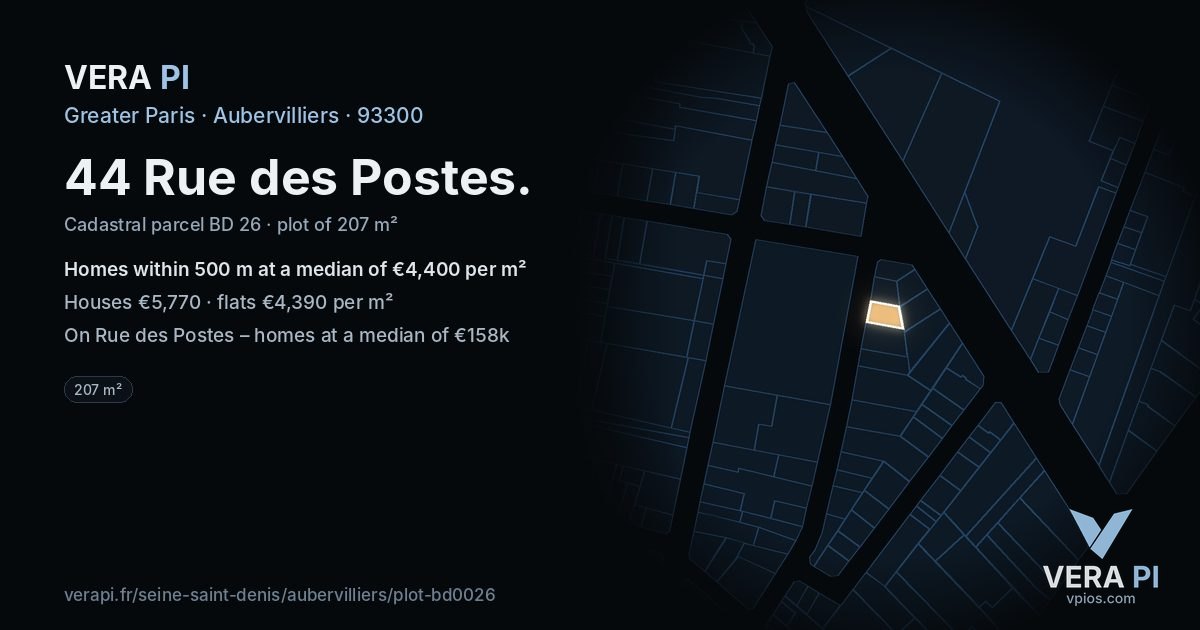 44 Rue des Postes, Aubervilliers at night – the plot lit, the parcels around coloured by the prices near them