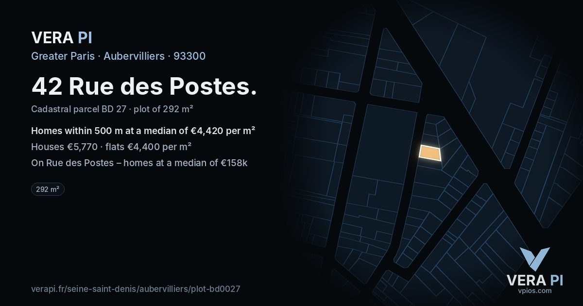 42 Rue des Postes, Aubervilliers at night – the plot lit, the parcels around coloured by the prices near them