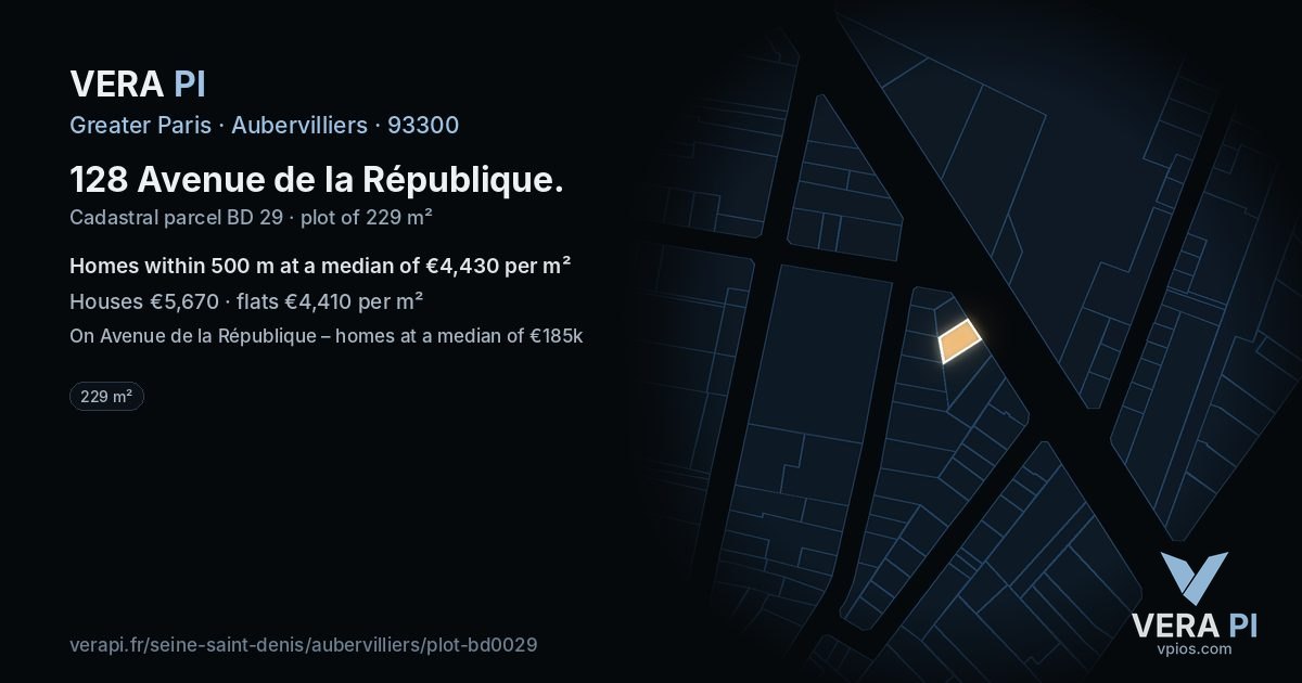 128 Avenue de la République, Aubervilliers at night – the plot lit, the parcels around coloured by the prices near them