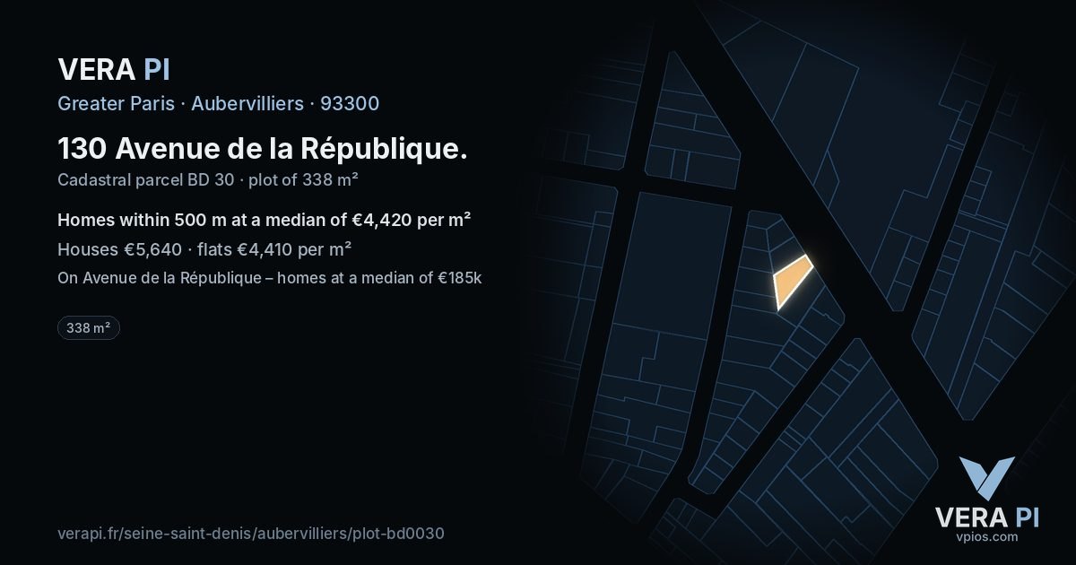 130 Avenue de la République, Aubervilliers at night – the plot lit, the parcels around coloured by the prices near them