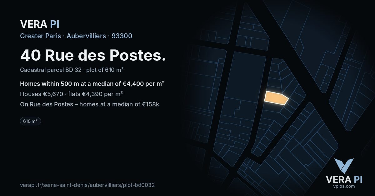 40 Rue des Postes, Aubervilliers at night – the plot lit, the parcels around coloured by the prices near them