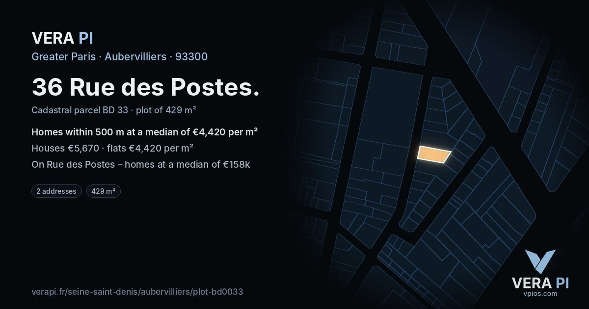 36 Rue des Postes, Aubervilliers at night – the plot lit, the parcels around coloured by the prices near them