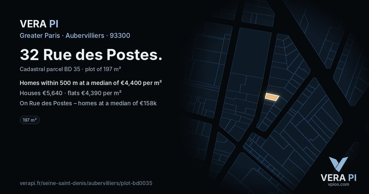 32 Rue des Postes, Aubervilliers at night – the plot lit, the parcels around coloured by the prices near them