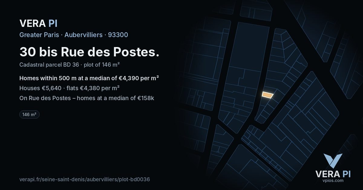 30 bis Rue des Postes, Aubervilliers at night – the plot lit, the parcels around coloured by the prices near them