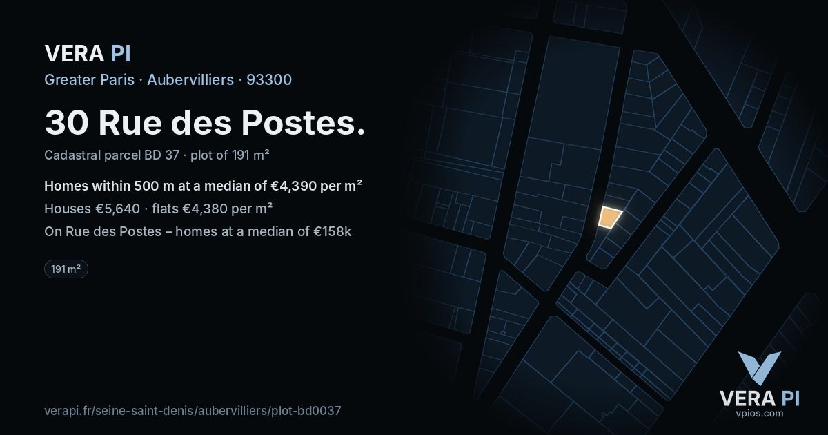 30 Rue des Postes, Aubervilliers at night – the plot lit, the parcels around coloured by the prices near them