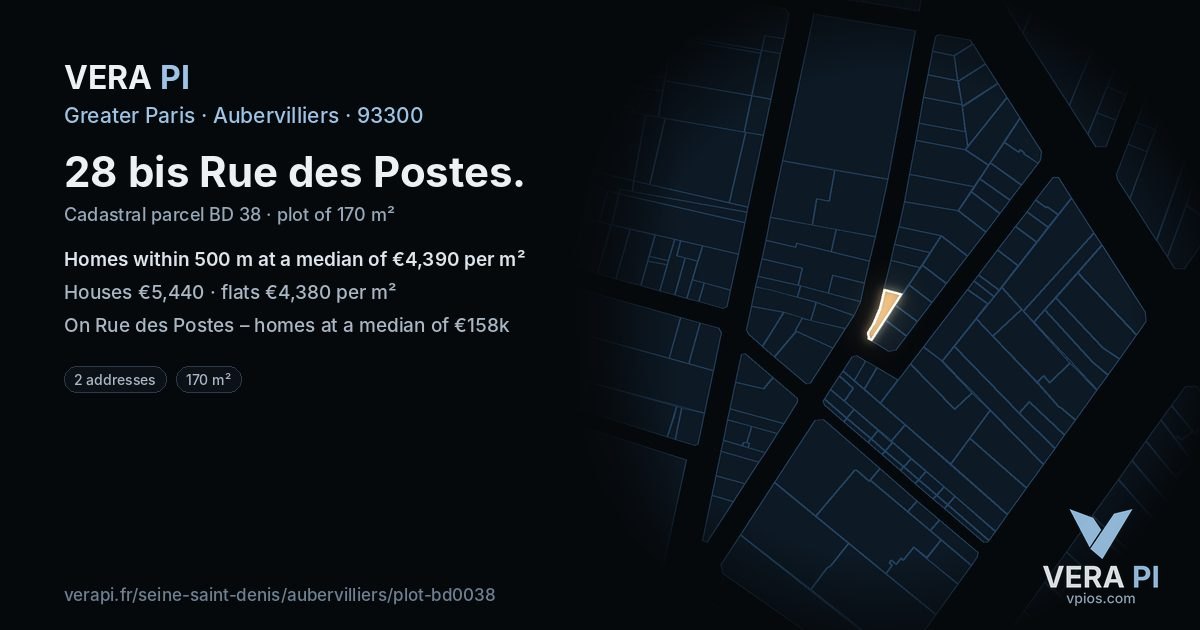 28 bis Rue des Postes, Aubervilliers at night – the plot lit, the parcels around coloured by the prices near them