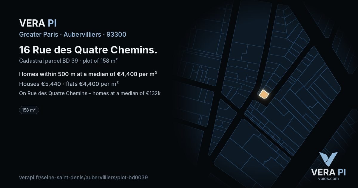 16 Rue des Quatre Chemins, Aubervilliers at night – the plot lit, the parcels around coloured by the prices near them