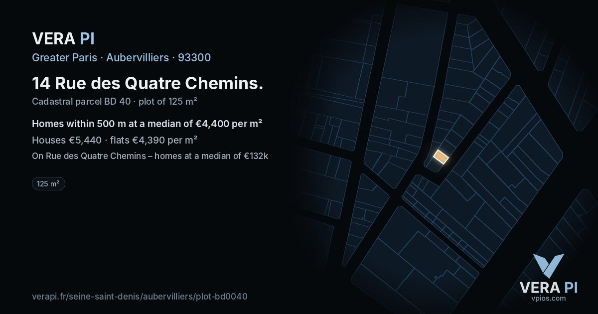 14 Rue des Quatre Chemins, Aubervilliers at night – the plot lit, the parcels around coloured by the prices near them