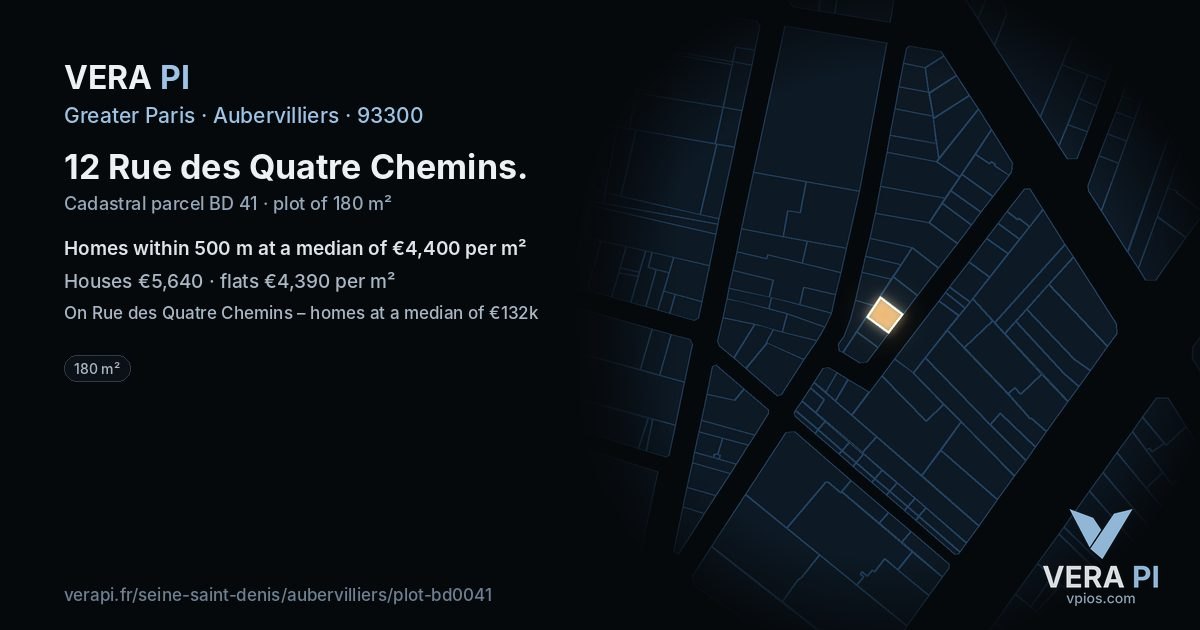 12 Rue des Quatre Chemins, Aubervilliers at night – the plot lit, the parcels around coloured by the prices near them