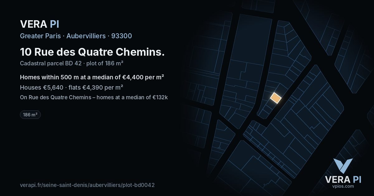 10 Rue des Quatre Chemins, Aubervilliers at night – the plot lit, the parcels around coloured by the prices near them