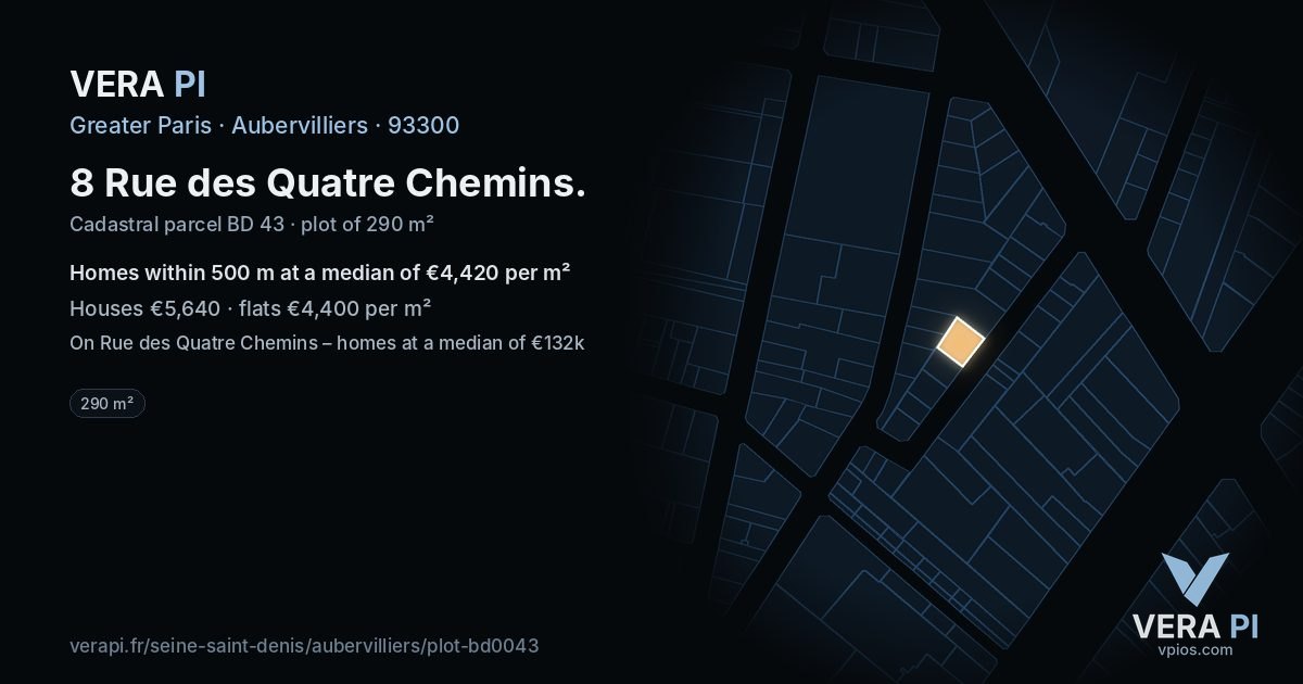 8 Rue des Quatre Chemins, Aubervilliers at night – the plot lit, the parcels around coloured by the prices near them