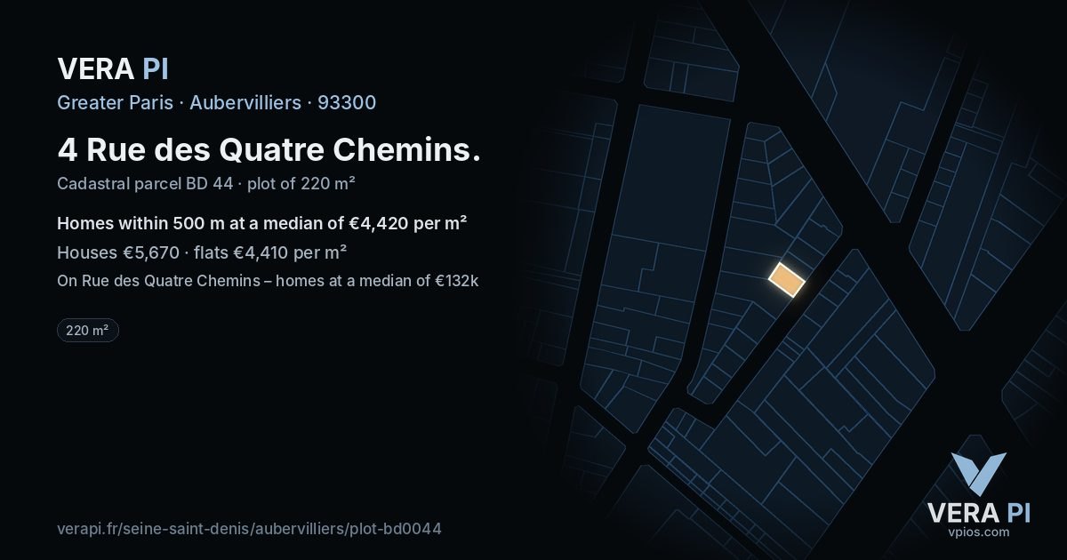 4 Rue des Quatre Chemins, Aubervilliers at night – the plot lit, the parcels around coloured by the prices near them