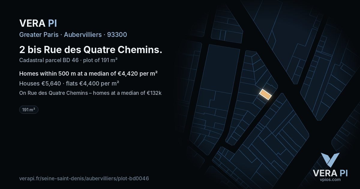 2 bis Rue des Quatre Chemins, Aubervilliers at night – the plot lit, the parcels around coloured by the prices near them