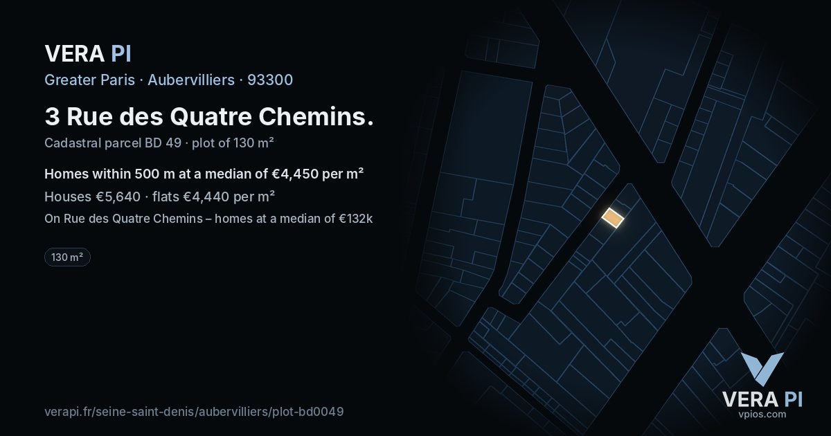 3 Rue des Quatre Chemins, Aubervilliers at night – the plot lit, the parcels around coloured by the prices near them